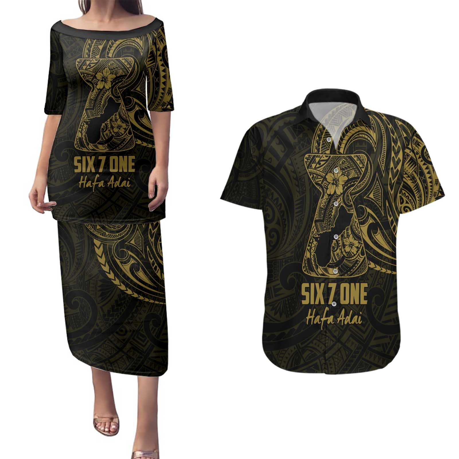 Gold Guam Latte Stone Tribal Tattoo Couples Matching Puletasi and Hawaiian Shirt Hafa Adai Six 7 One