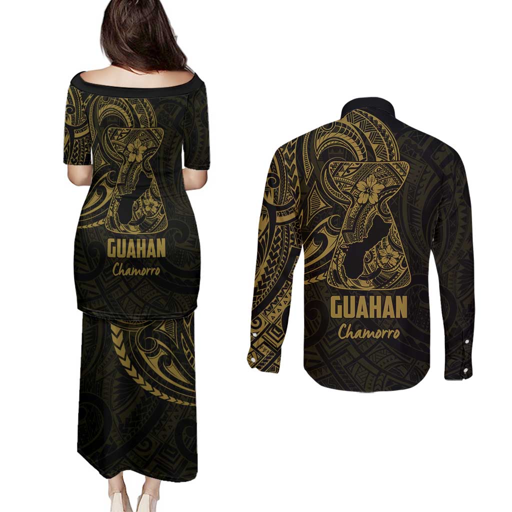 Gold Guam Latte Stone Tribal Tattoo Couples Matching Puletasi and Long Sleeve Button Shirt Hafa Adai Six 7 One