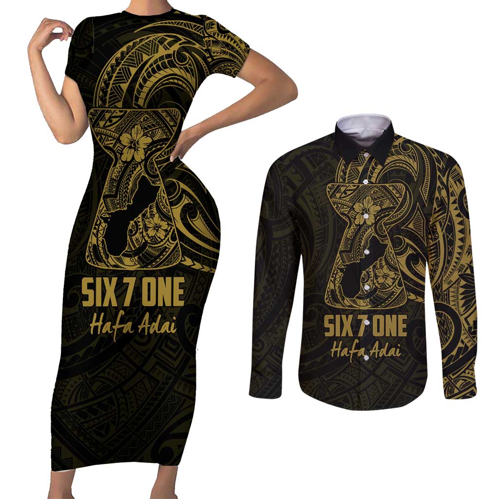 Gold Guam Latte Stone Tribal Tattoo Couples Matching Short Sleeve Bodycon Dress and Long Sleeve Button Shirt Hafa Adai Six 7 One
