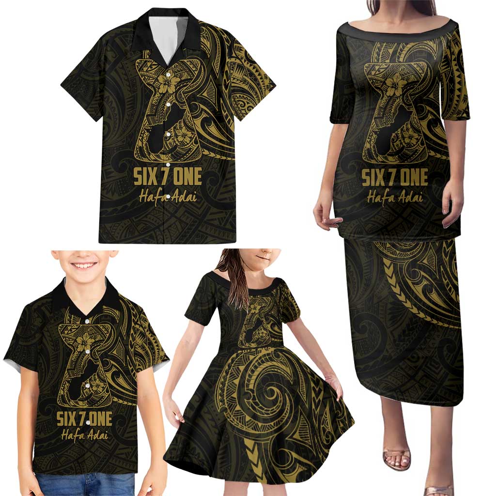 Gold Guam Latte Stone Tribal Tattoo Family Matching Puletasi and Hawaiian Shirt Hafa Adai Six 7 One