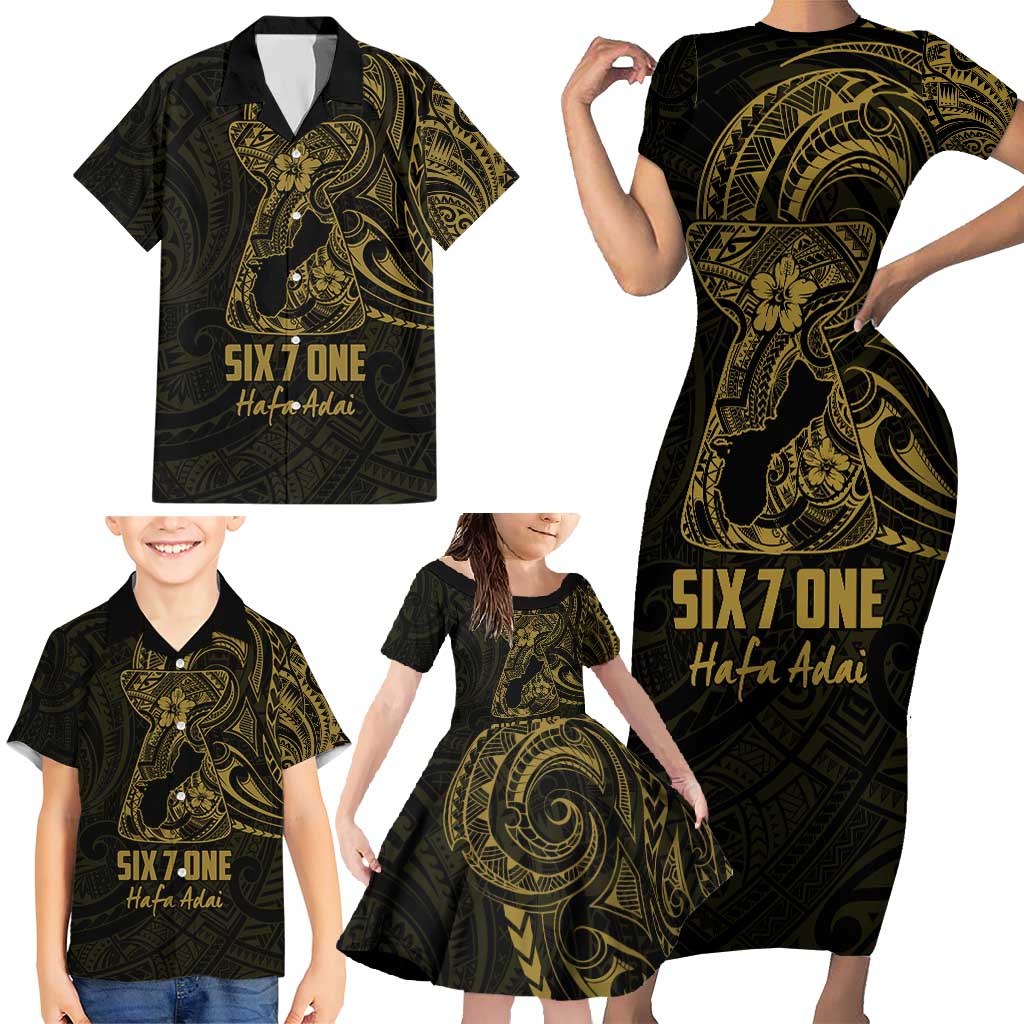 Gold Guam Latte Stone Tribal Tattoo Family Matching Short Sleeve Bodycon Dress and Hawaiian Shirt Hafa Adai Six 7 One