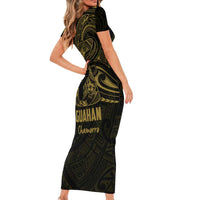 Gold Guam Latte Stone Tribal Tattoo Family Matching Short Sleeve Bodycon Dress and Hawaiian Shirt Hafa Adai Six 7 One