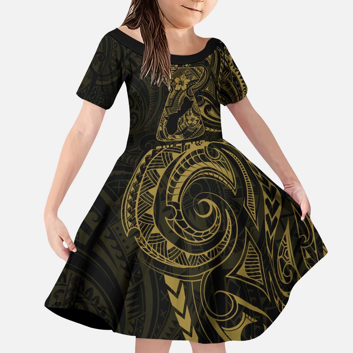 Gold Guam Latte Stone Tribal Tattoo Kid Short Sleeve Dress Hafa Adai Six 7 One