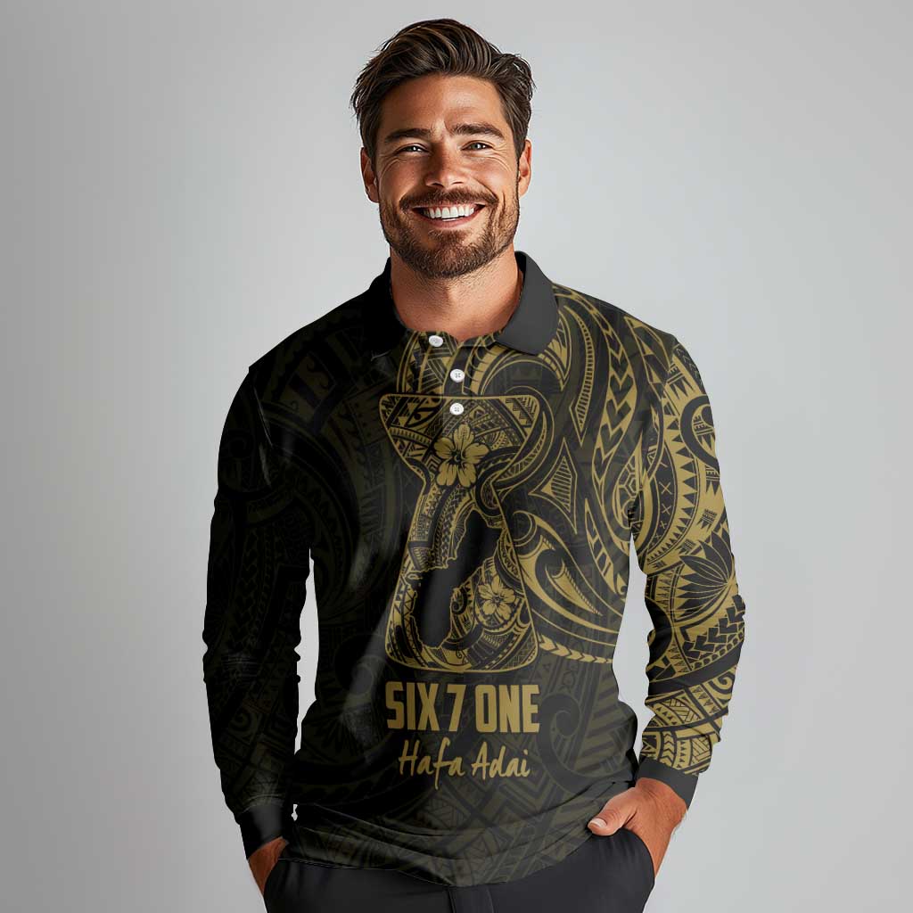 Gold Guam Latte Stone Tribal Tattoo Long Sleeve Polo Shirt Hafa Adai Six 7 One