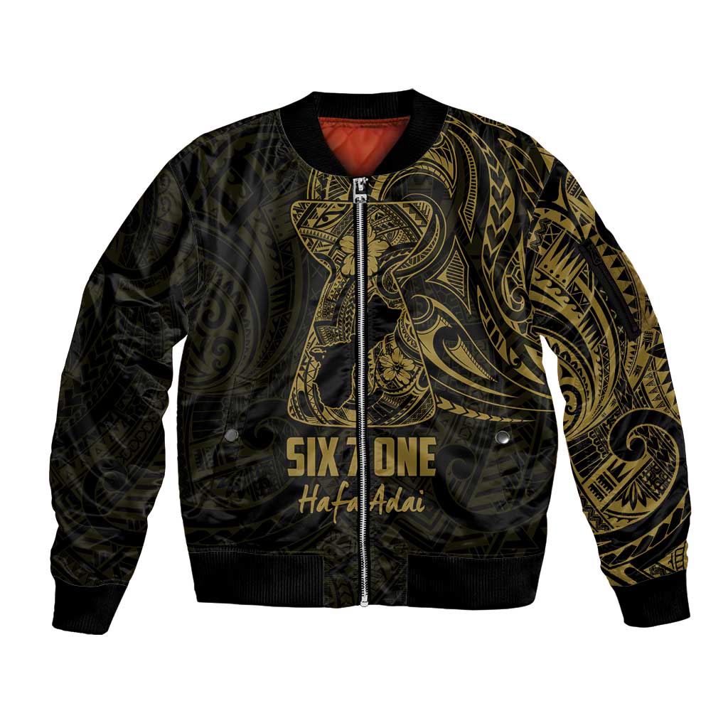 Gold Guam Latte Stone Tribal Tattoo Sleeve Zip Bomber Jacket Hafa Adai Six 7 One LT9 Unisex Gold - Polynesian Pride