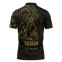 Gold Guam Latte Stone Tribal Tattoo Zipper Polo Shirt Hafa Adai Six 7 One - Polynesian Pride