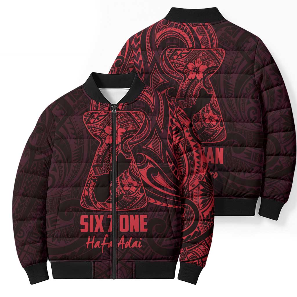 Oxblood Guam Latte Stone Tribal Tattoo Bomber Puffer Jacket Hafa Adai Six 7 One - Polynesian Pride
