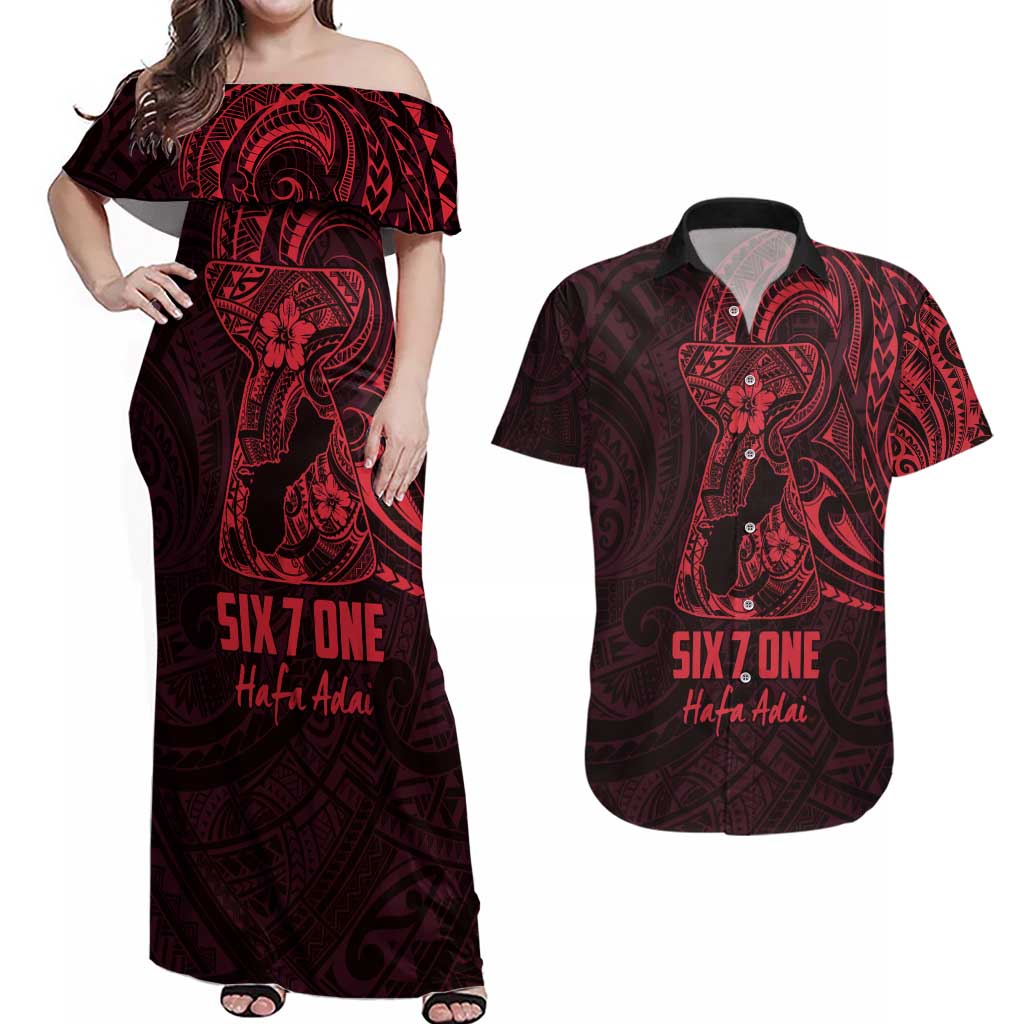 Oxblood Guam Latte Stone Tribal Tattoo Couples Matching Off Shoulder Maxi Dress and Hawaiian Shirt Hafa Adai Six 7 One