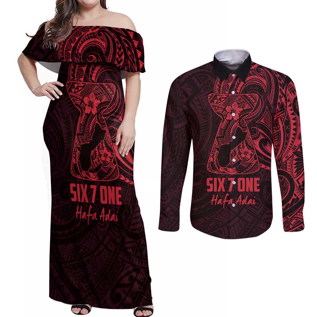 Oxblood Guam Latte Stone Tribal Tattoo Couples Matching Off Shoulder Maxi Dress and Long Sleeve Button Shirt Hafa Adai Six 7 One