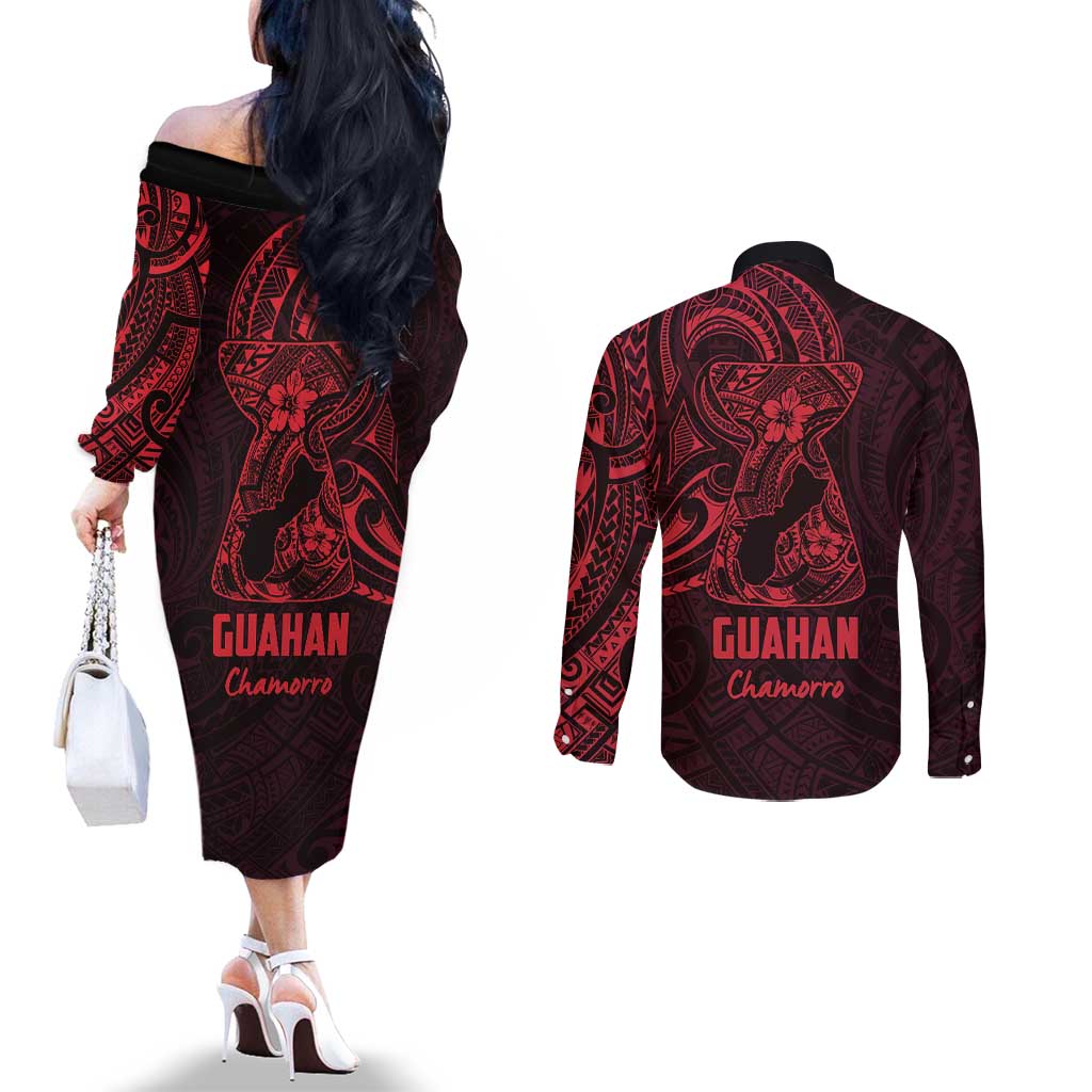 Oxblood Guam Latte Stone Tribal Tattoo Couples Matching Off The Shoulder Long Sleeve Dress and Long Sleeve Button Shirt Hafa Adai Six 7 One
