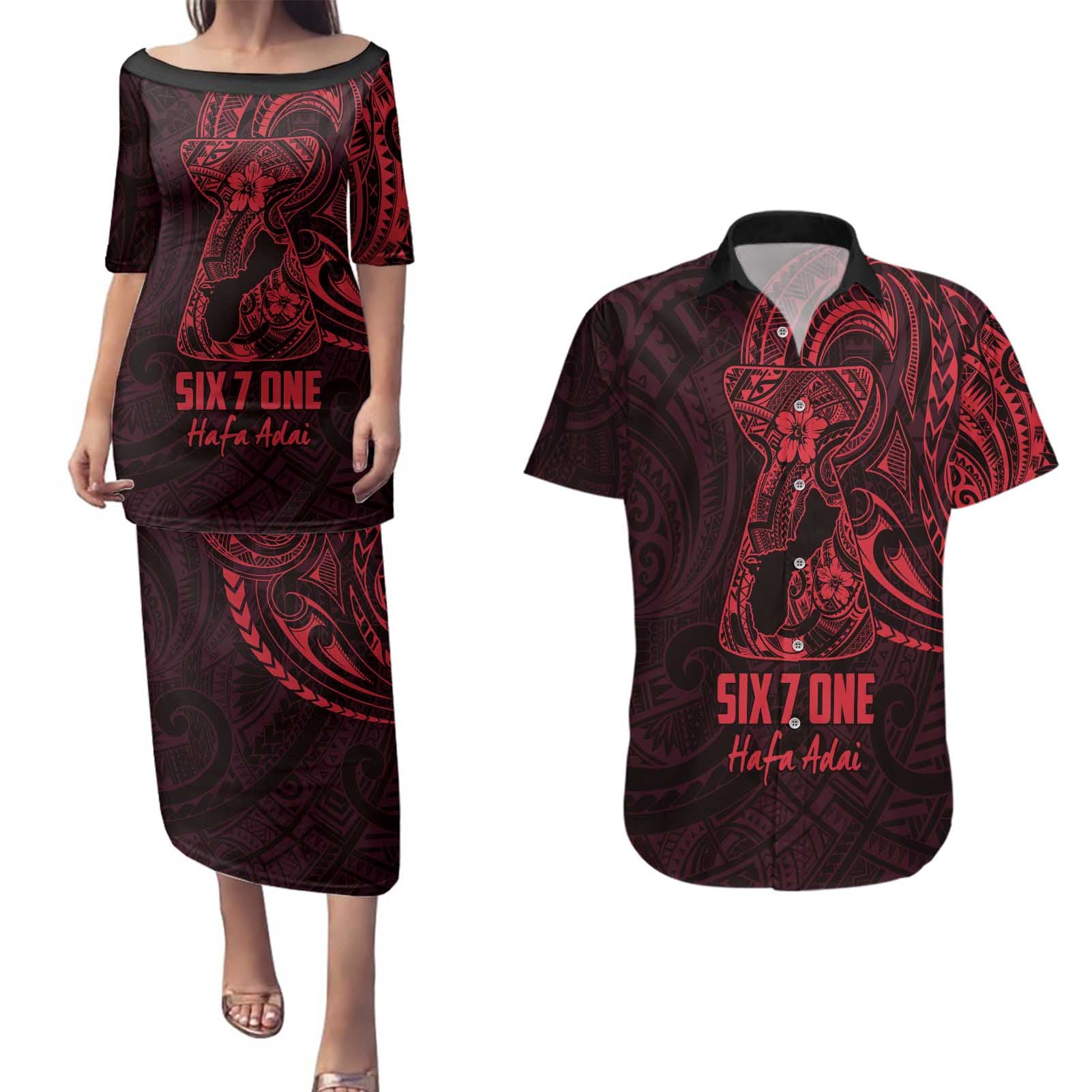Oxblood Guam Latte Stone Tribal Tattoo Couples Matching Puletasi and Hawaiian Shirt Hafa Adai Six 7 One