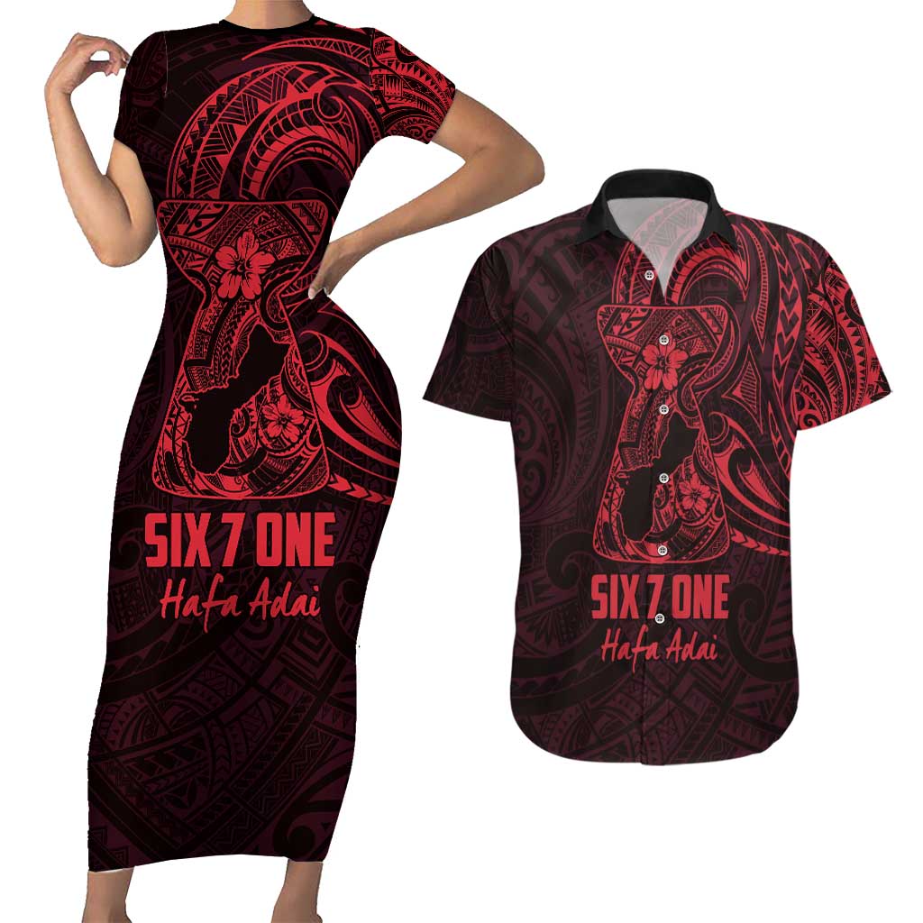 Oxblood Guam Latte Stone Tribal Tattoo Couples Matching Short Sleeve Bodycon Dress and Hawaiian Shirt Hafa Adai Six 7 One