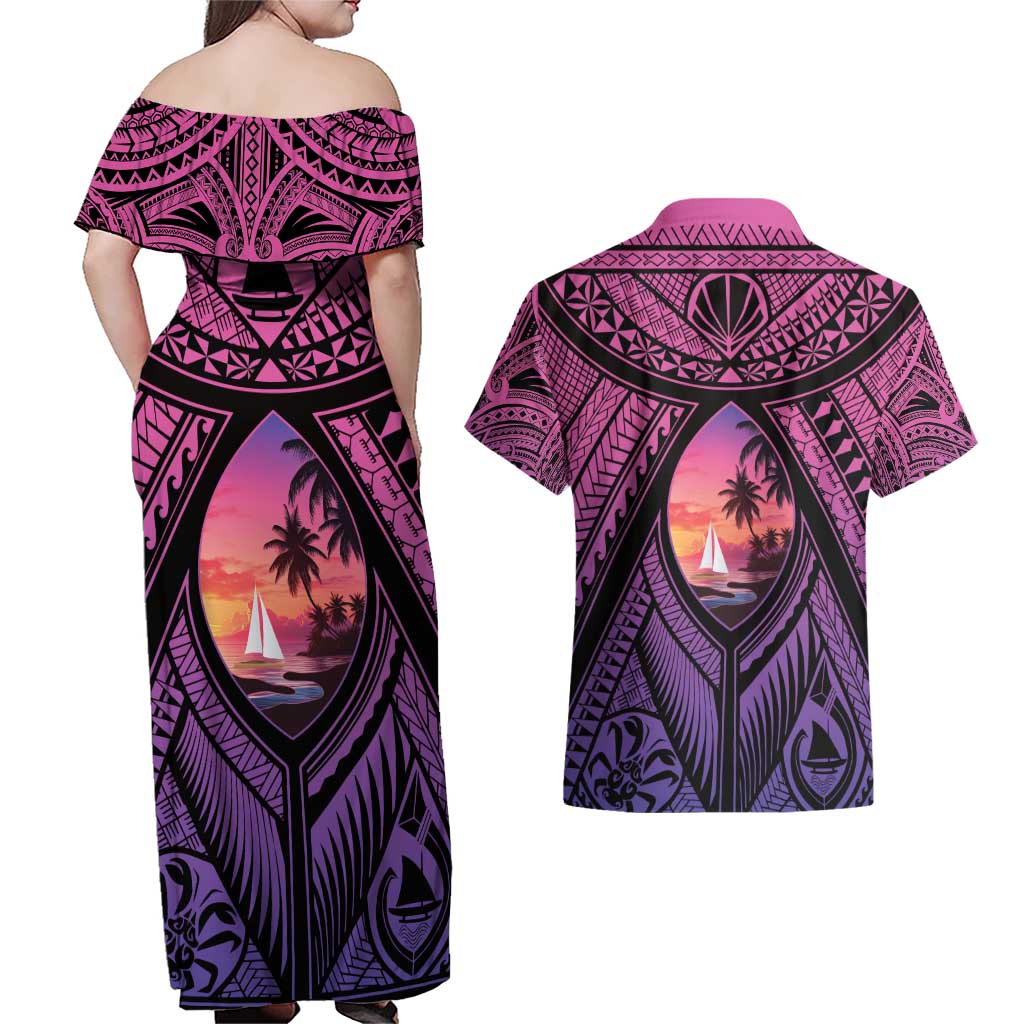 Guam Chamorro Artsy Couples Matching Off Shoulder Maxi Dress and Hawaiian Shirt Guahan Sunset Beach