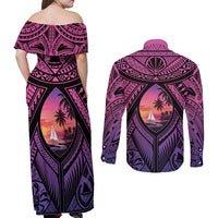 Guam Chamorro Artsy Couples Matching Off Shoulder Maxi Dress and Long Sleeve Button Shirt Guahan Sunset Beach
