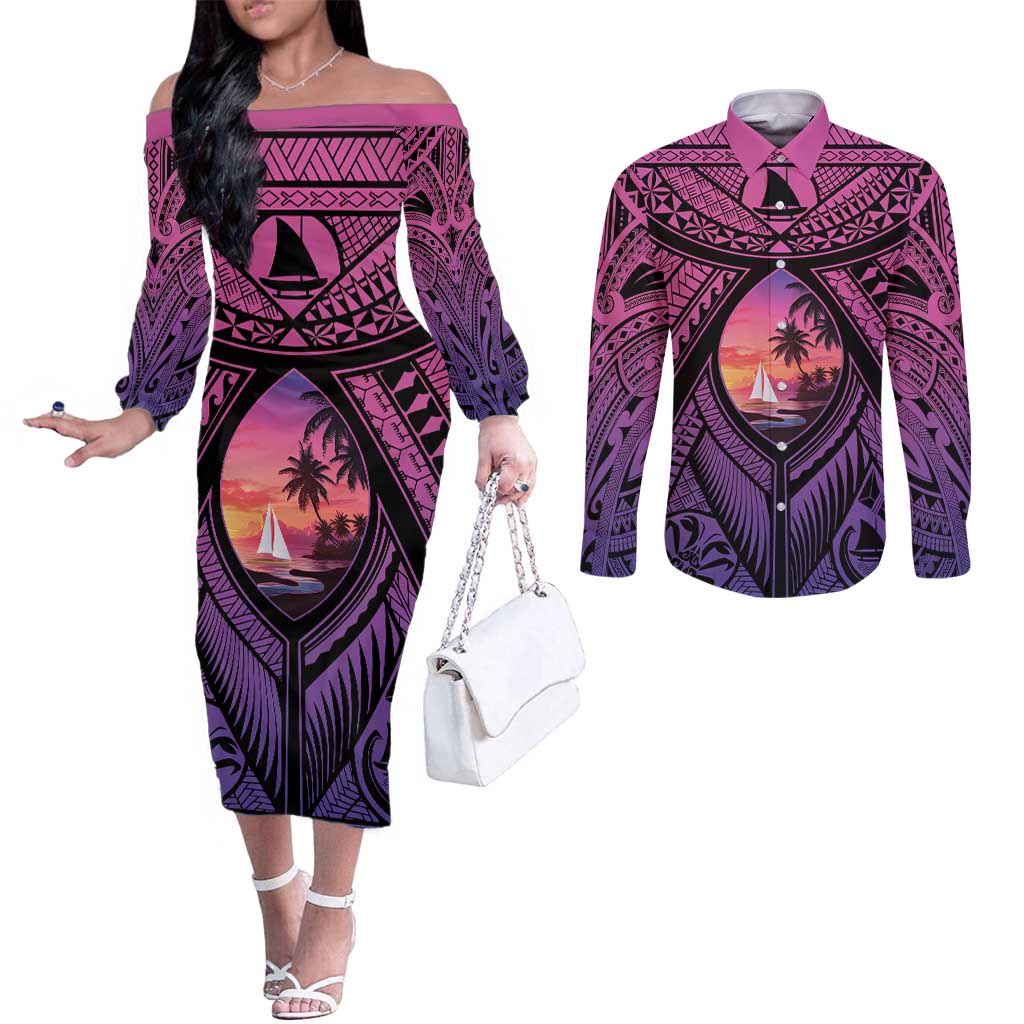 Guam Chamorro Artsy Couples Matching Off The Shoulder Long Sleeve Dress and Long Sleeve Button Shirt Guahan Sunset Beach