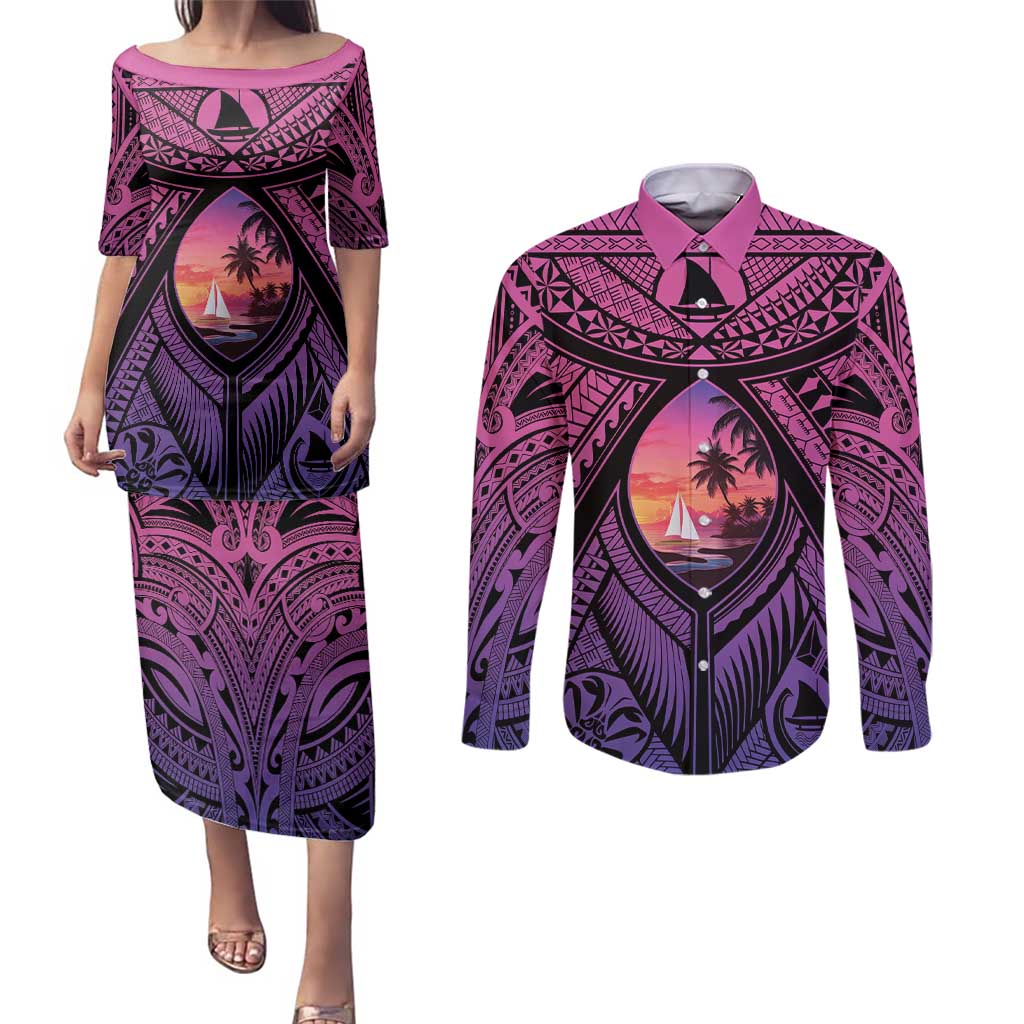 Guam Chamorro Artsy Couples Matching Puletasi and Long Sleeve Button Shirt Guahan Sunset Beach