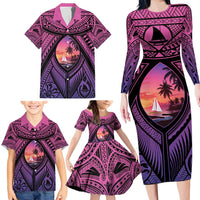Guam Chamorro Artsy Family Matching Long Sleeve Bodycon Dress and Hawaiian Shirt Guahan Sunset Beach