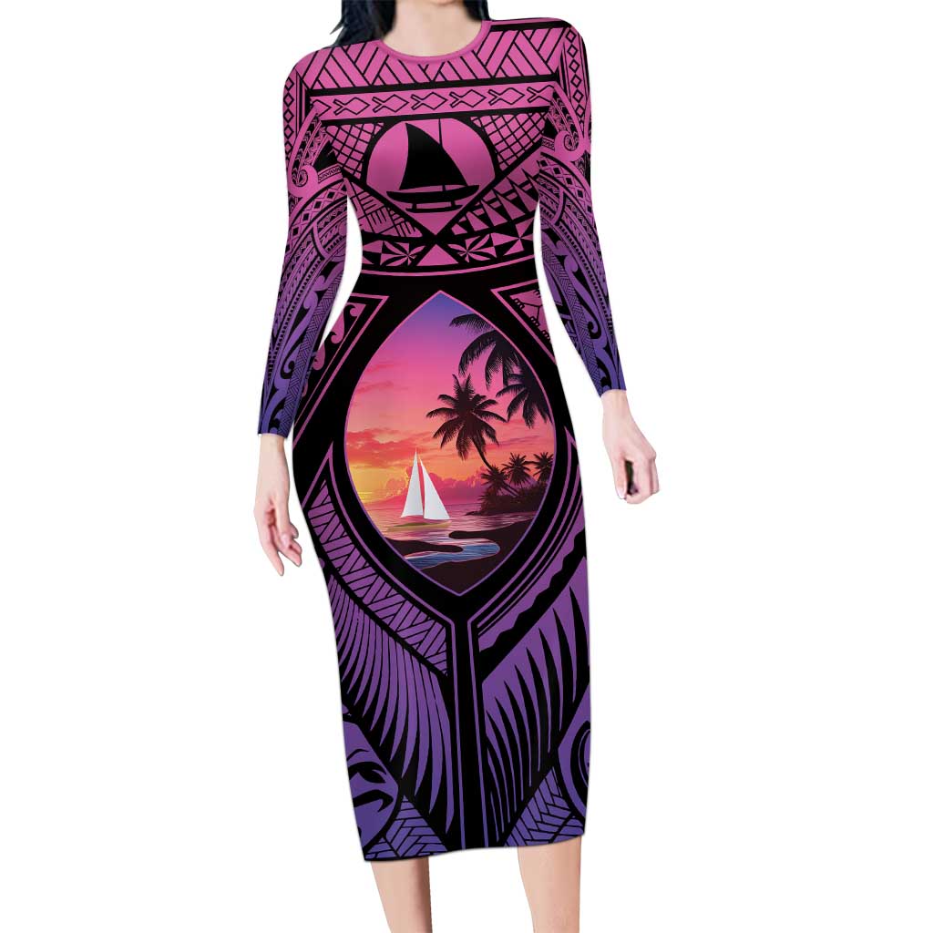 Guam Chamorro Artsy Family Matching Long Sleeve Bodycon Dress and Hawaiian Shirt Guahan Sunset Beach