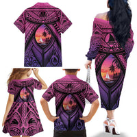 Guam Chamorro Artsy Family Matching Off The Shoulder Long Sleeve Dress and Hawaiian Shirt Guahan Sunset Beach