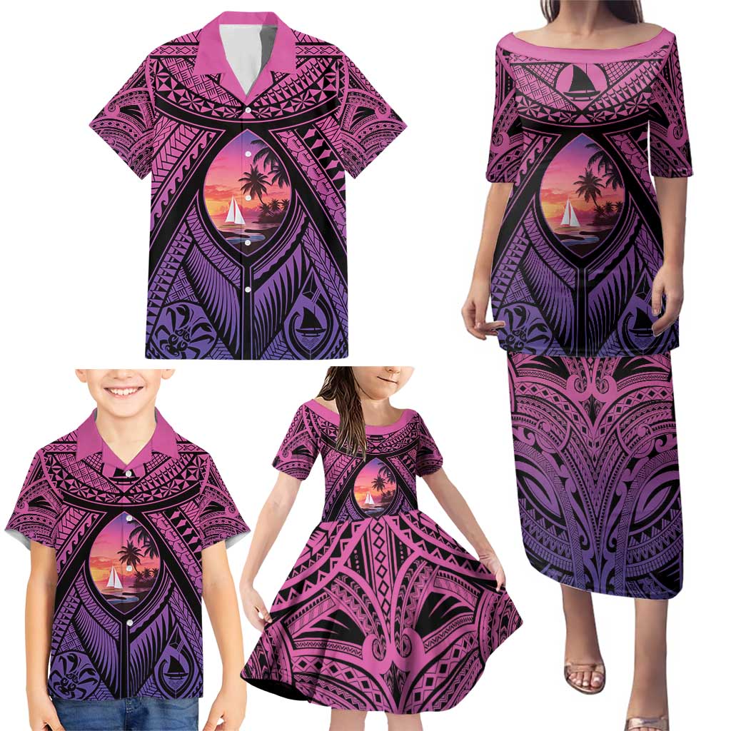Guam Chamorro Artsy Family Matching Puletasi and Hawaiian Shirt Guahan Sunset Beach