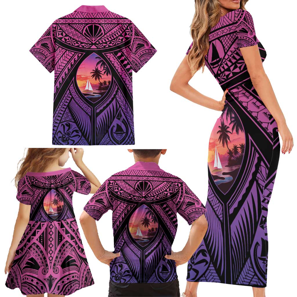 Guam Chamorro Artsy Family Matching Short Sleeve Bodycon Dress and Hawaiian Shirt Guahan Sunset Beach