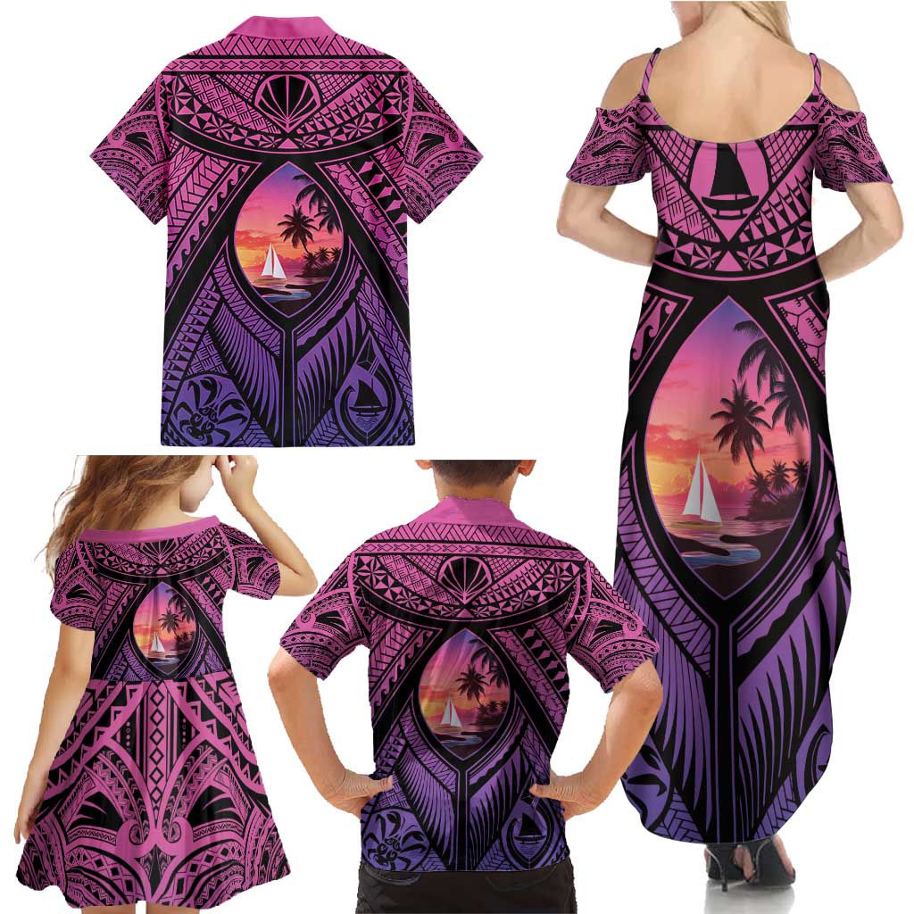 Guam Chamorro Artsy Family Matching Summer Maxi Dress and Hawaiian Shirt Guahan Sunset Beach