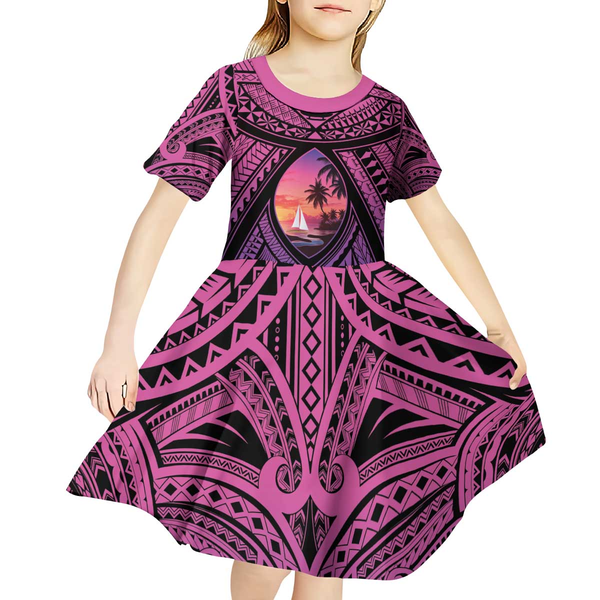 Guam Chamorro Artsy Kid Short Sleeve Dress Guahan Sunset Beach
