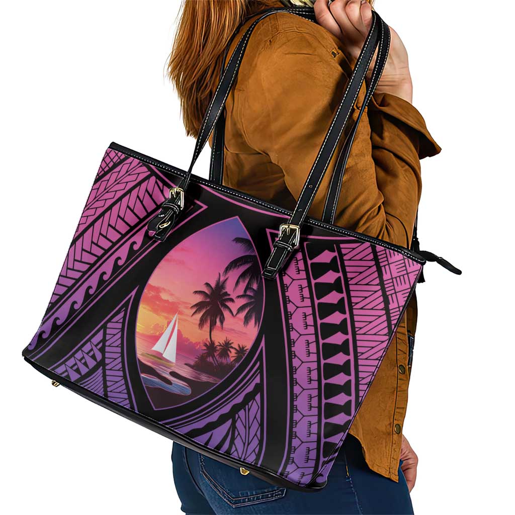 Guam Chamorro Artsy Leather Tote Bag Guahan Sunset Beach