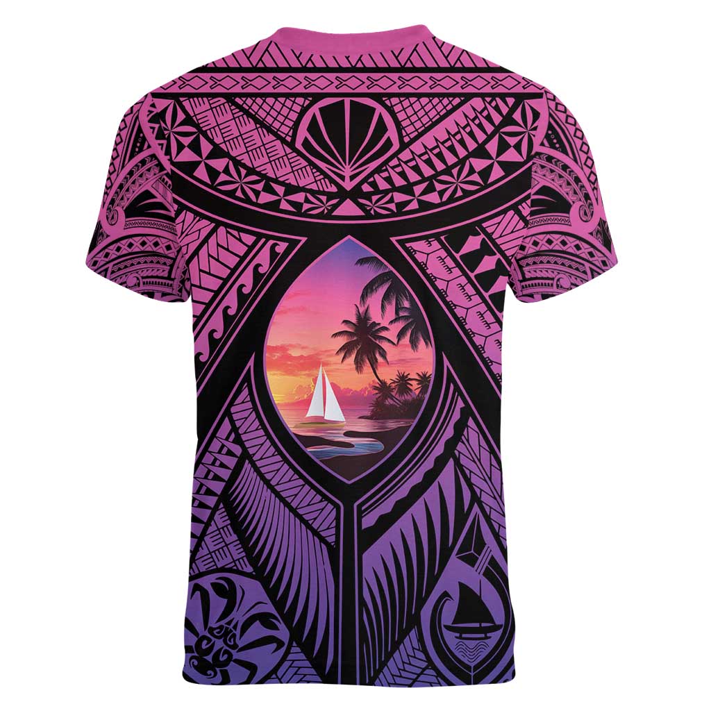 Guam Chamorro Artsy Women V-Neck T-Shirt Guahan Sunset Beach