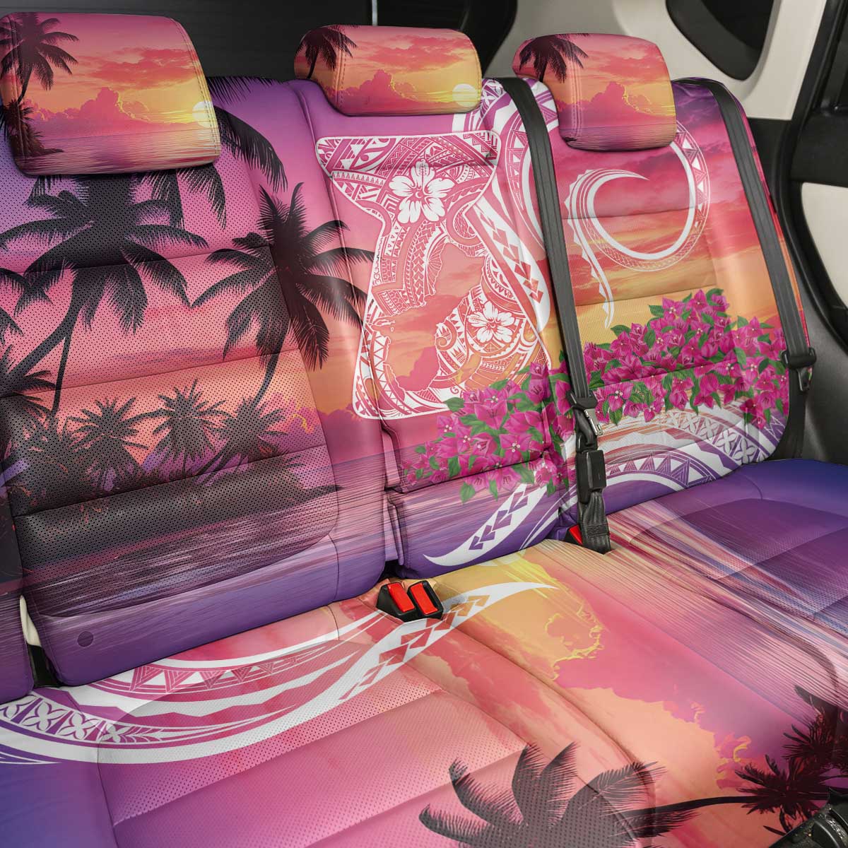 Guam Latte Stone with Map Back Car Seat Cover Bougainvillea Beach Sunset
