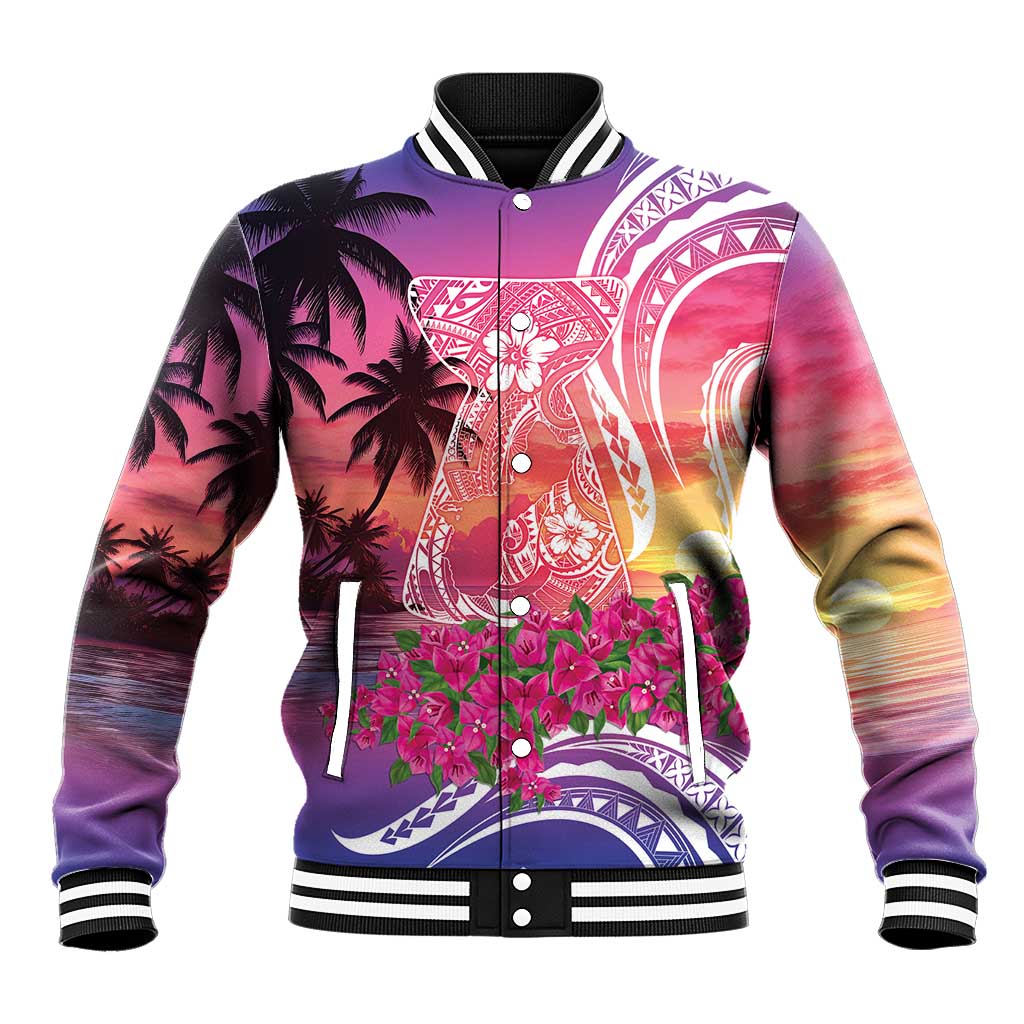 Guam Latte Stone with Map Baseball Jacket Bougainvillea Beach Sunset