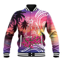 Guam Latte Stone with Map Baseball Jacket Bougainvillea Beach Sunset