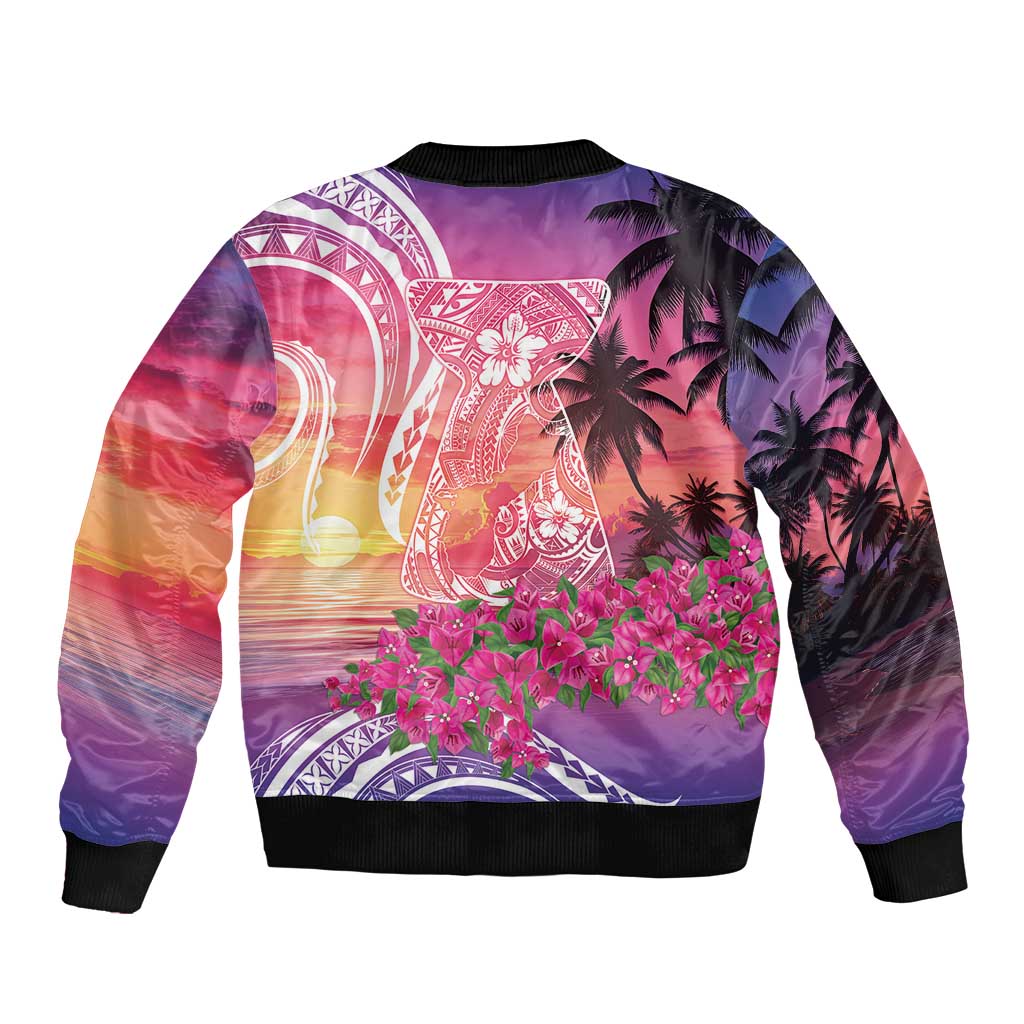 Guam Latte Stone with Map Bomber Jacket Bougainvillea Beach Sunset LT9 - Polynesian Pride