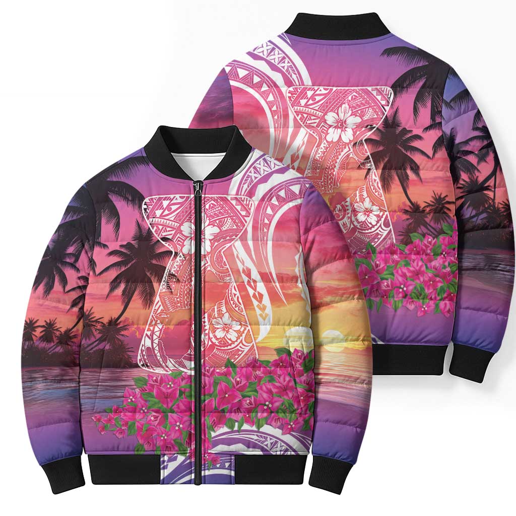 Guam Latte Stone with Map Bomber Puffer Jacket Bougainvillea Beach Sunset - Polynesian Pride