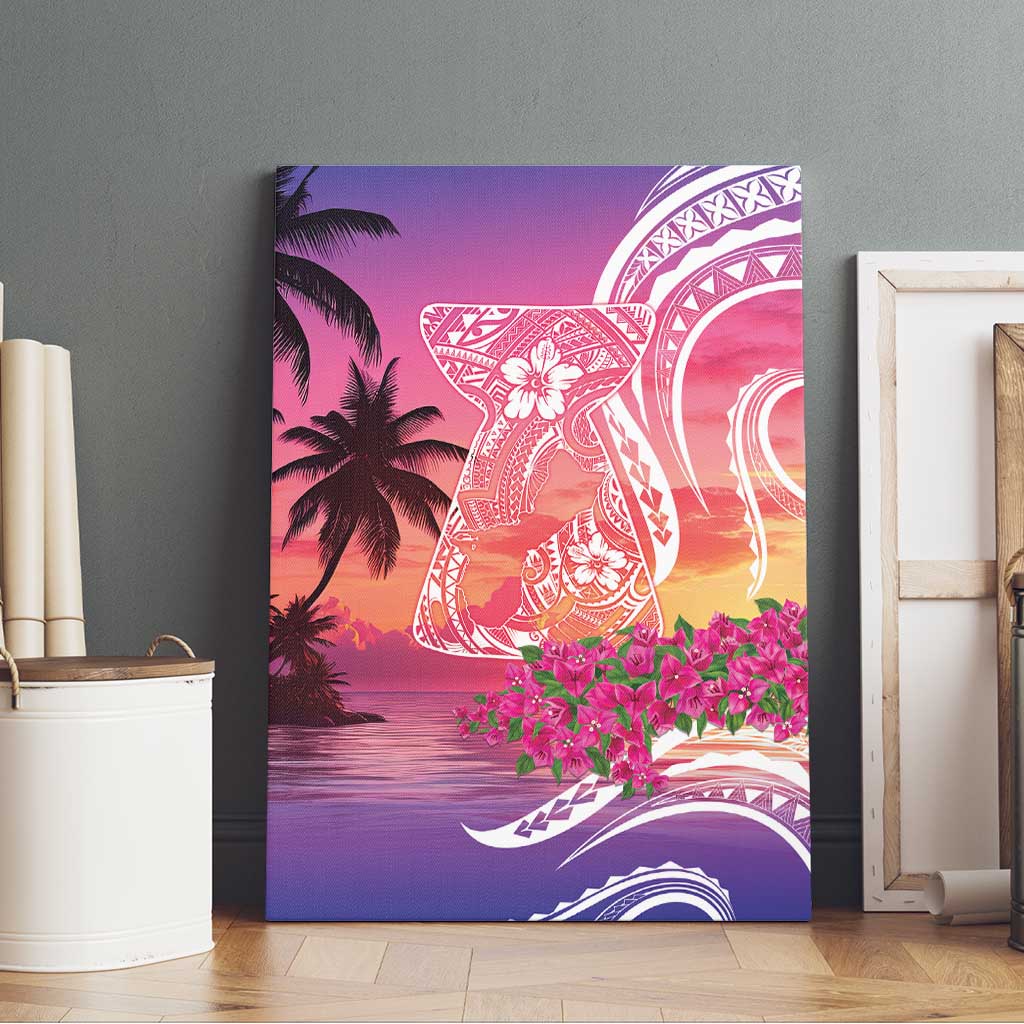 Guam Latte Stone with Map Canvas Wall Art Bougainvillea Beach Sunset