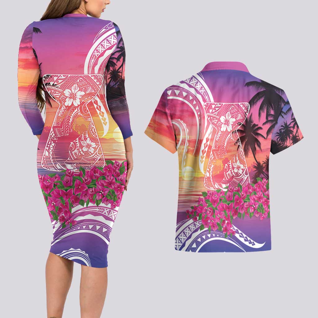 Guam Latte Stone with Map Couples Matching Long Sleeve Bodycon Dress and Hawaiian Shirt Bougainvillea Beach Sunset