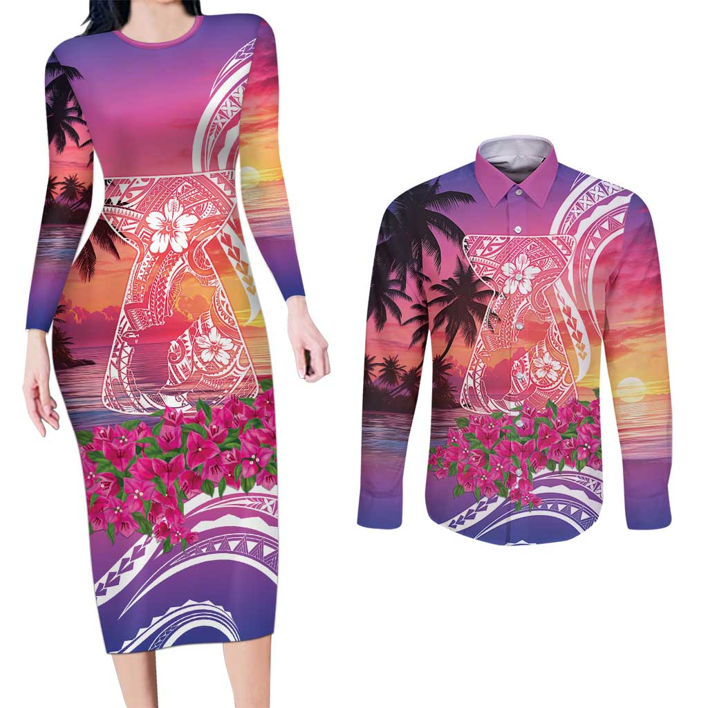 Guam Latte Stone with Map Couples Matching Long Sleeve Bodycon Dress and Long Sleeve Button Shirt Bougainvillea Beach Sunset
