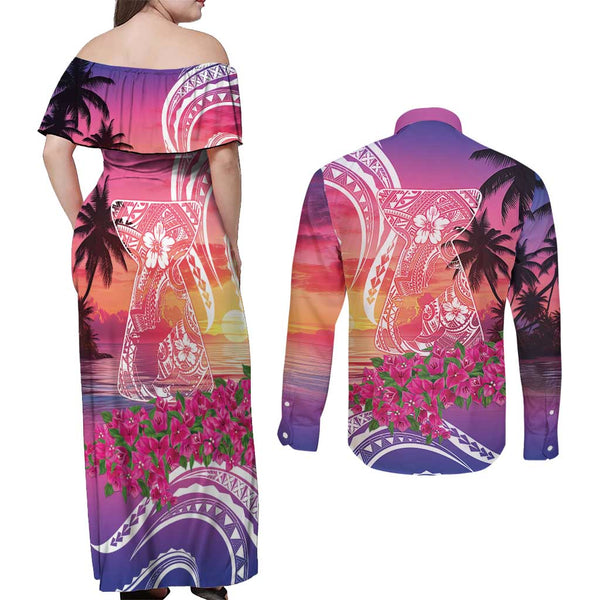 Personalized Guam Couples Matching Long Sleeve Bodycon Dress and Hawaiian Shirt Latte Stone Mix Bougainvillea Polynesian Pattern LT05