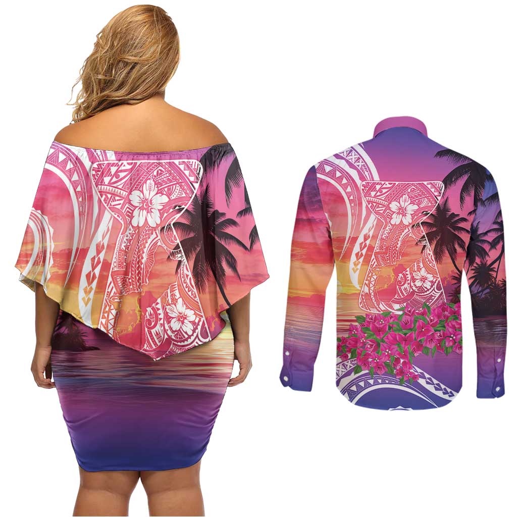 Guam Latte Stone with Map Couples Matching Off Shoulder Short Dress and Long Sleeve Button Shirt Bougainvillea Beach Sunset