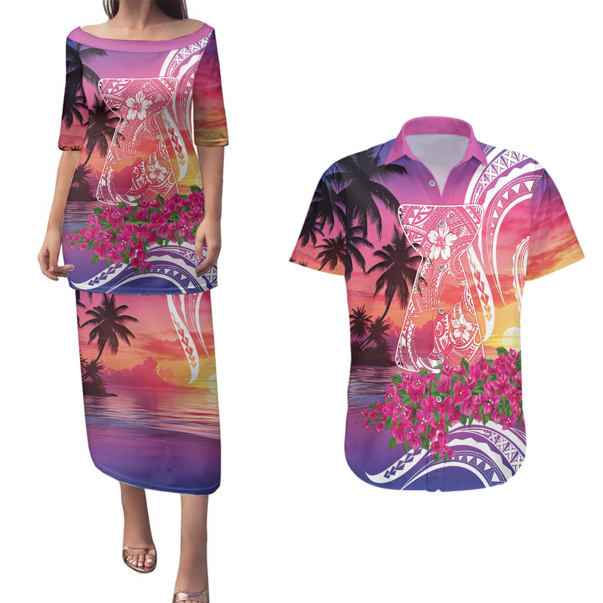 Guam Latte Stone with Map Couples Matching Puletasi and Hawaiian Shirt Bougainvillea Beach Sunset