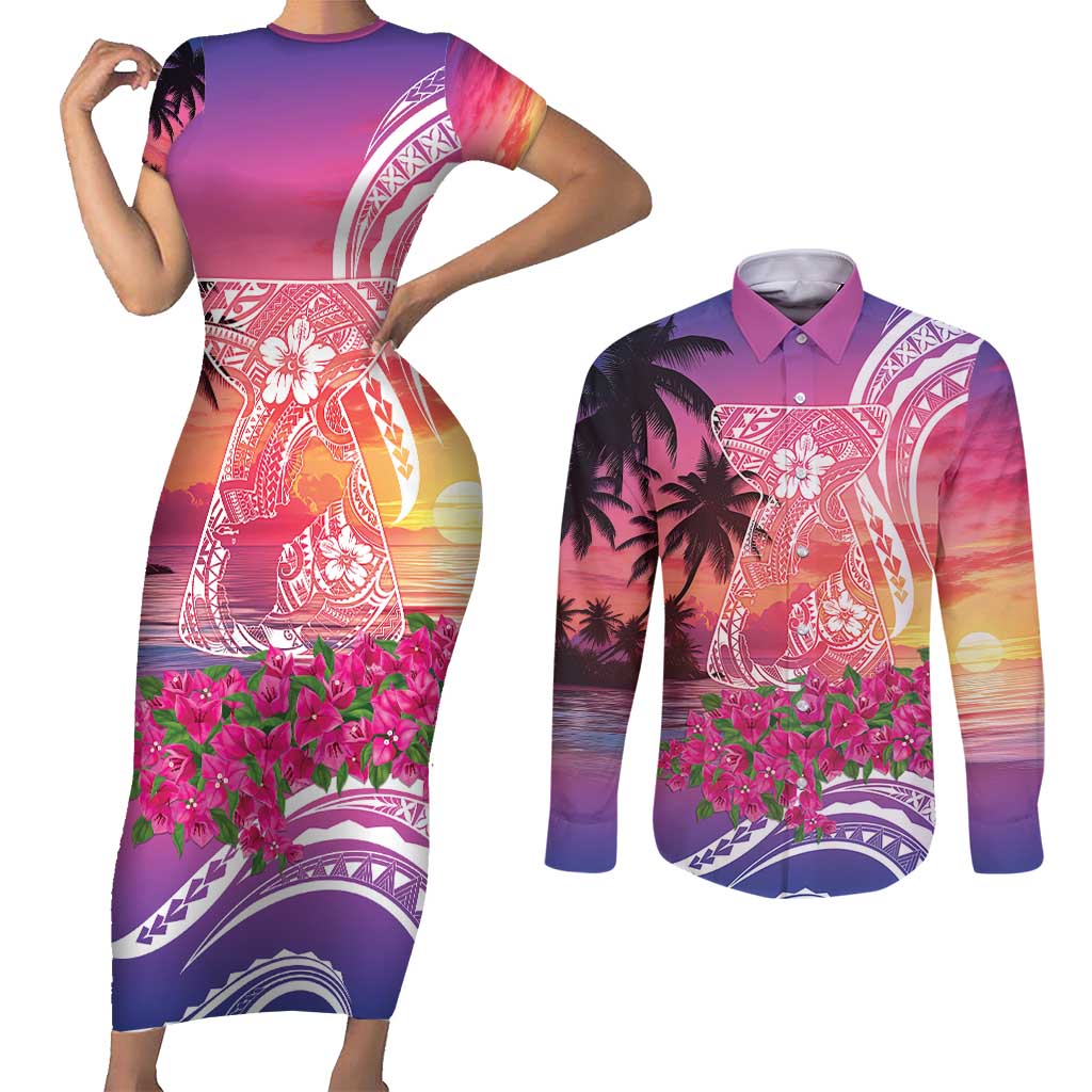 Guam Latte Stone with Map Couples Matching Short Sleeve Bodycon Dress and Long Sleeve Button Shirt Bougainvillea Beach Sunset