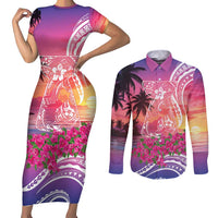 Guam Latte Stone with Map Couples Matching Short Sleeve Bodycon Dress and Long Sleeve Button Shirt Bougainvillea Beach Sunset
