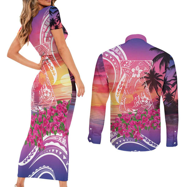 Guam Couples Matching Long Sleeve Bodycon Dress and Hawaiian Shirt Latte Stone Mix Bougainvillea Polynesian Pattern LT05 main image 1