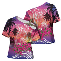 Guam Latte Stone with Map Cross Shoulder Shirt Bougainvillea Beach Sunset - Polynesian Pride
