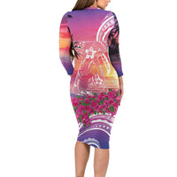 Guam Latte Stone with Map Family Matching Long Sleeve Bodycon Dress and Hawaiian Shirt Bougainvillea Beach Sunset
