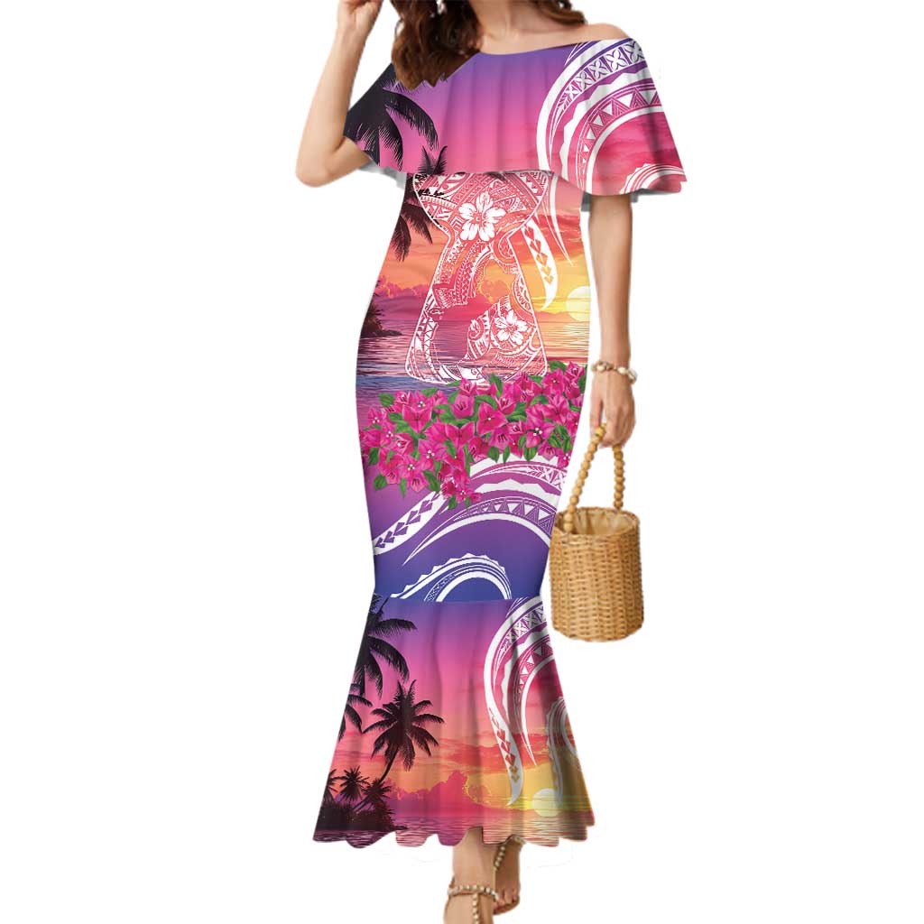 Guam Latte Stone with Map Family Matching Mermaid Dress and Hawaiian Shirt Bougainvillea Beach Sunset