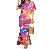 Guam Latte Stone with Map Family Matching Mermaid Dress and Hawaiian Shirt Bougainvillea Beach Sunset