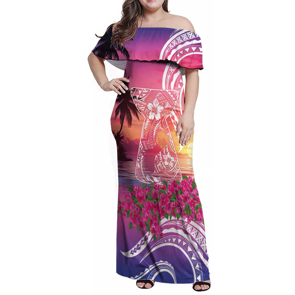 Guam Latte Stone with Map Family Matching Off Shoulder Maxi Dress and Hawaiian Shirt Bougainvillea Beach Sunset