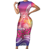 Guam Latte Stone with Map Family Matching Short Sleeve Bodycon Dress and Hawaiian Shirt Bougainvillea Beach Sunset