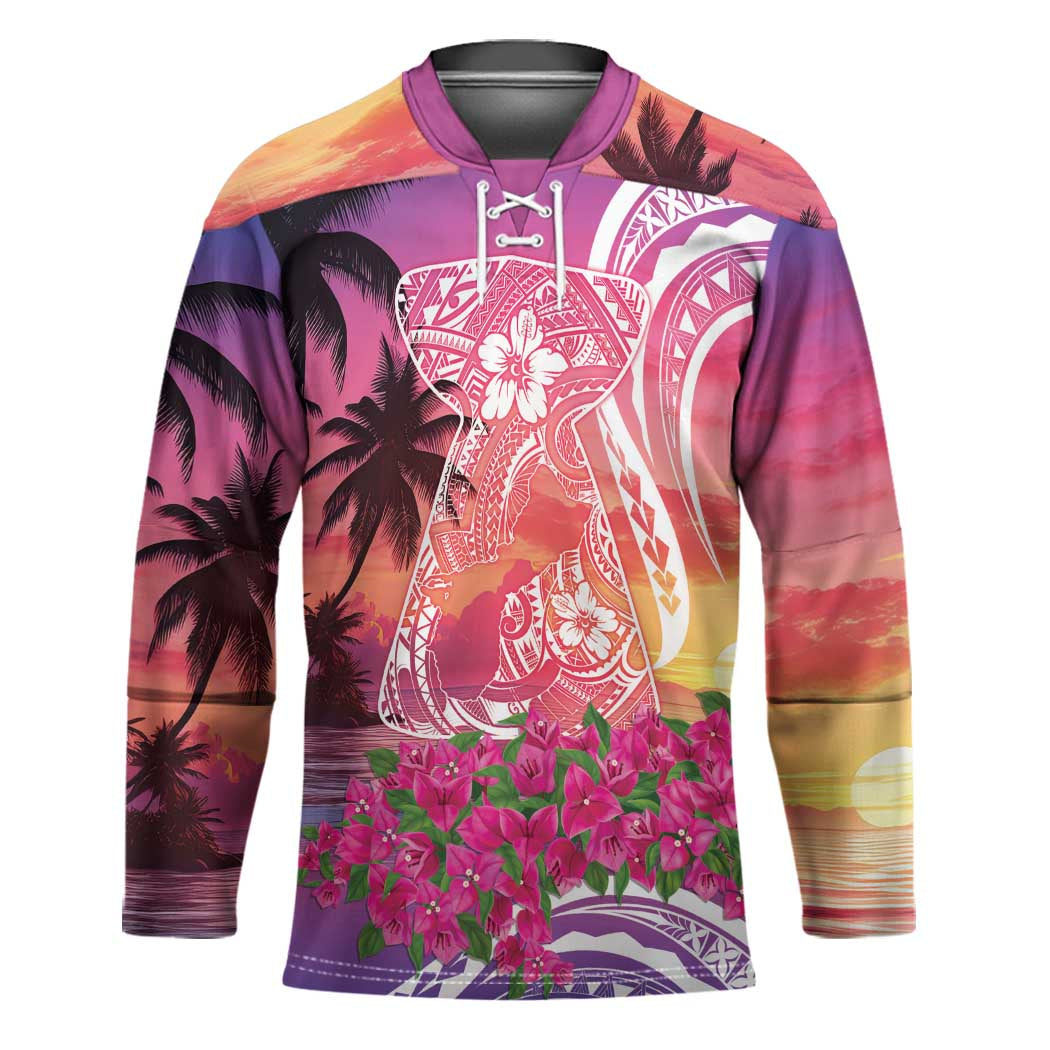 Guam Latte Stone with Map Hockey Jersey Bougainvillea Beach Sunset - Polynesian Pride